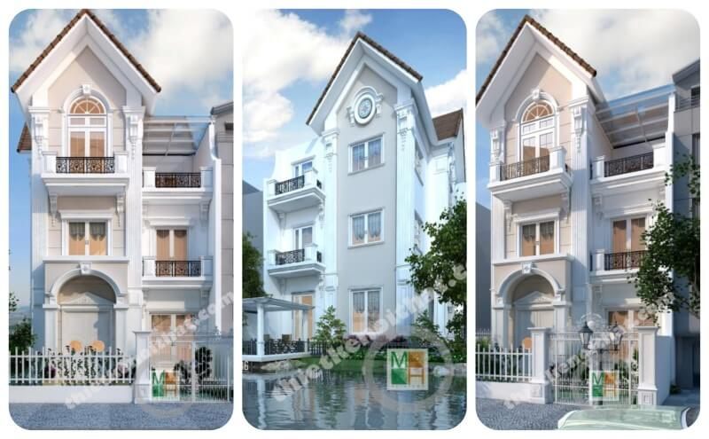 Sản phẩm thiết kế kiến trúc biệt thự 3 tầng mái thái tân cổ điển ở Vinhomes Riverside Sài Đồng Hà Nội
