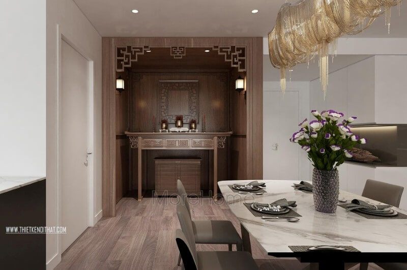 Bộ tủ thờ hiện đại gỗ công nghiệp được đặt ở vị trí trung tâm của ngôi nhà mang lại sinh khí cũng như mang lại điều tốt lành và thể hiện lòng thành kính của gia chủ với người đã khuất trong gia đình