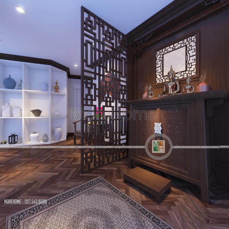 Mẫu tủ thờ phật gỗ óc chó đẹp hiện đại với đường nét họa tiết được chặm khắc tỉ mỉ