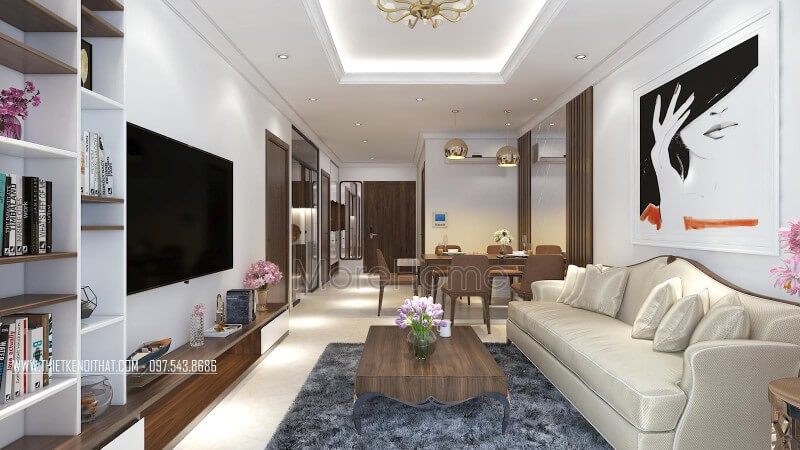 Thiết kế nội thất phòng khách không cầu kì với mảng tường chỉ có chiếc kệ tivi và kệ trang trí bên cạnh cửa sổ cũng làm cho căn phòng hoàn hảo.