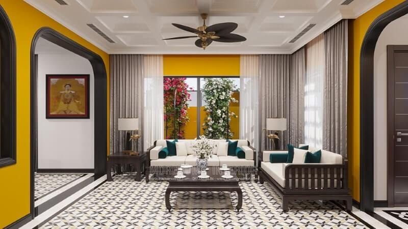 Mẫu bàn trà gỗ tự nhiên màu nâu trầm bóng mịn kết hợp bộ ghế gỗ đồng màu mang đến vẻ đẹp sang trọng cho phòng khách